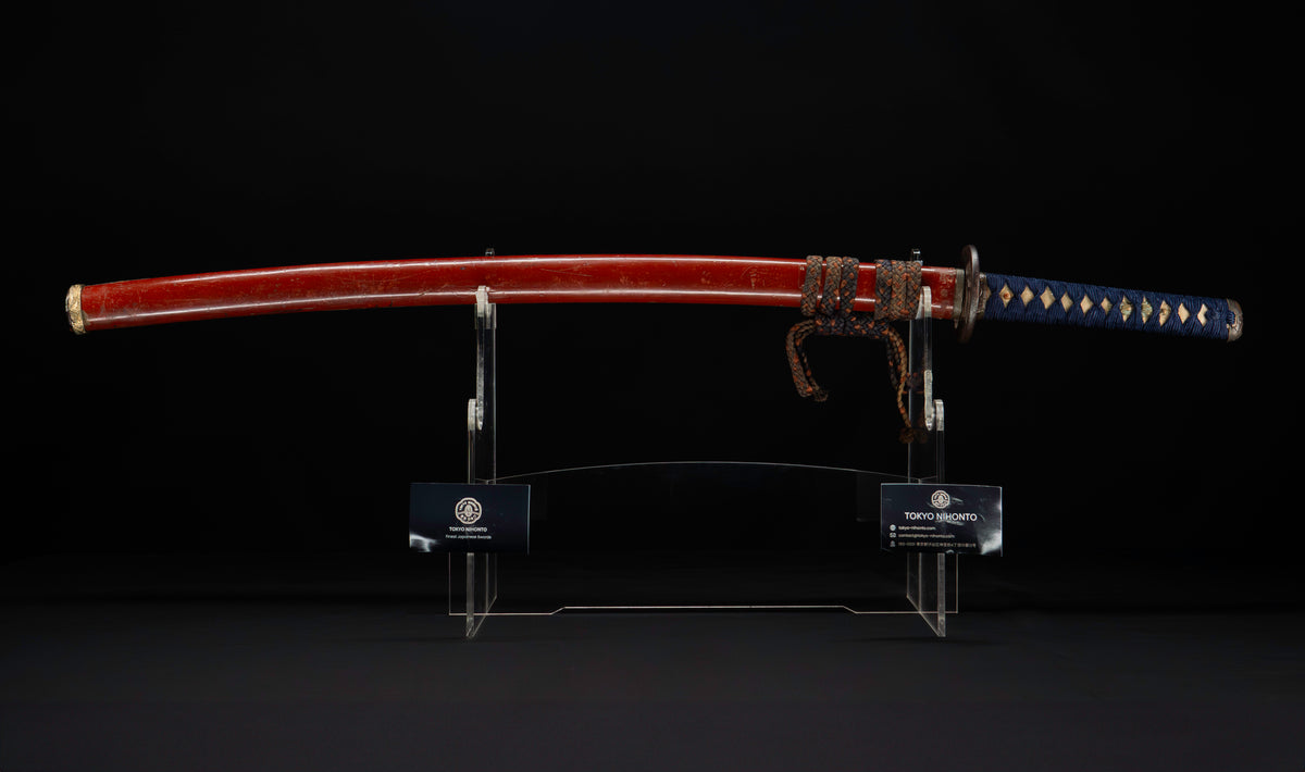Antique Japanese Katana Sword with Vermilion Lacquer Saya, Sparrow Fuchi-Kashira and Gilt Menuki