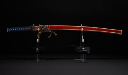 Antique Japanese Katana Sword with Vermilion Lacquer Saya, Sparrow Fuchi-Kashira and Gilt Menuki