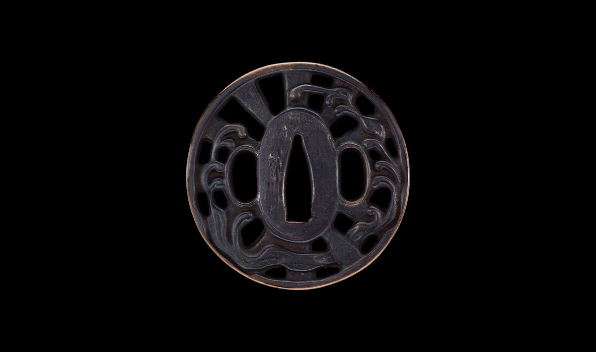 Antique Japanese Katana Sword with Ubu Nakago, Hoso-Suguha Hamon and Genji Wheel Iron Tsuba
