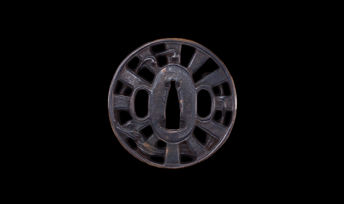 Antique Japanese Katana Sword with Ubu Nakago, Hoso-Suguha Hamon and Genji Wheel Iron Tsuba