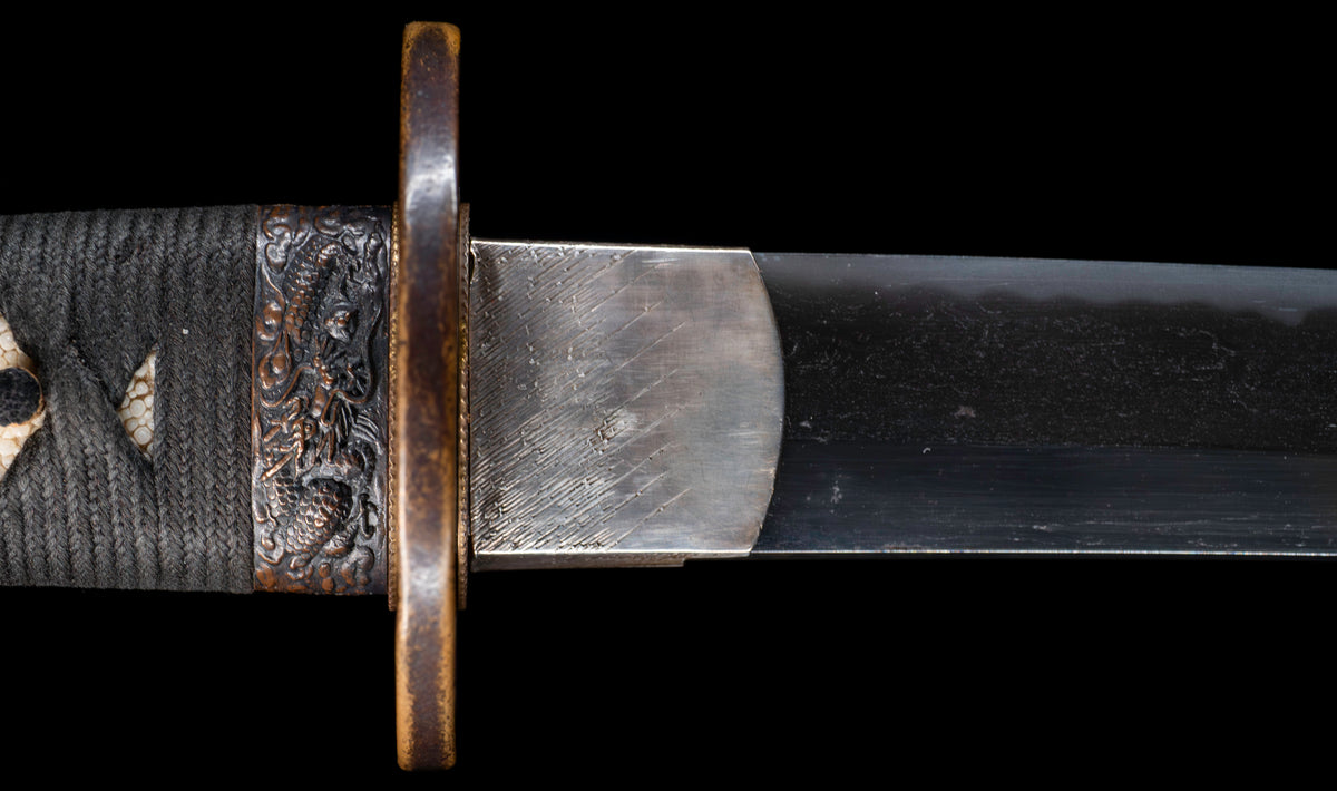 Antique Japanese Katana Sword with Ubu Nakago, Hoso-Suguha Hamon and Genji Wheel Iron Tsuba