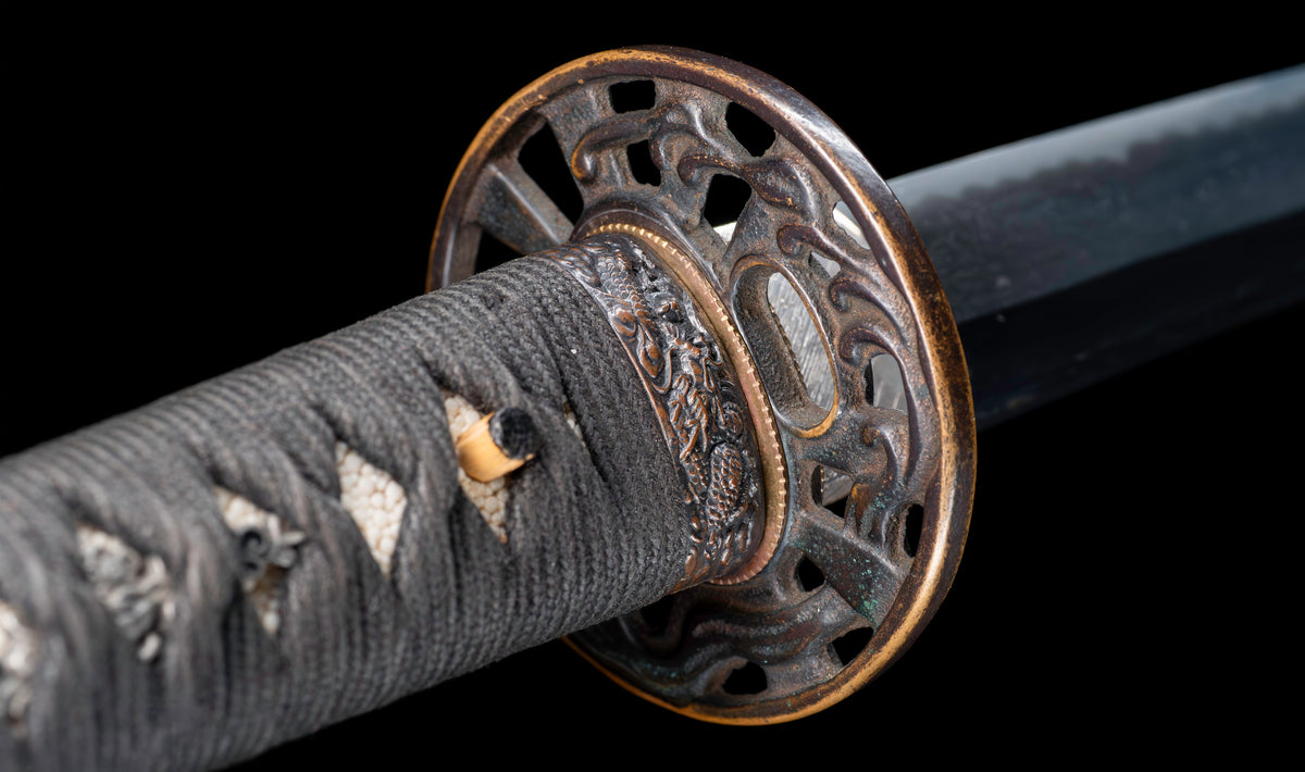 Antique Japanese Katana Sword with Ubu Nakago, Hoso-Suguha Hamon and Genji Wheel Iron Tsuba