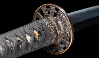 Antique Japanese Katana Sword with Ubu Nakago, Hoso-Suguha Hamon and Genji Wheel Iron Tsuba