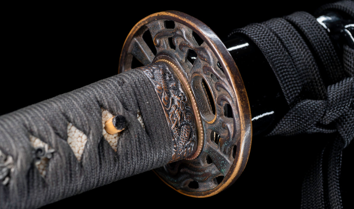 Antique Japanese Katana Sword with Ubu Nakago, Hoso-Suguha Hamon and Genji Wheel Iron Tsuba