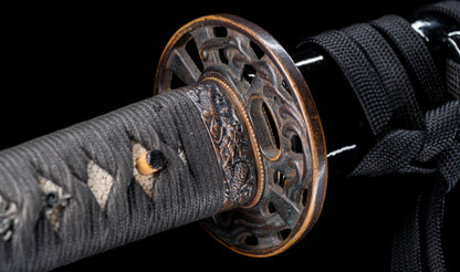 Antique Japanese Katana Sword with Ubu Nakago, Hoso-Suguha Hamon and Genji Wheel Iron Tsuba