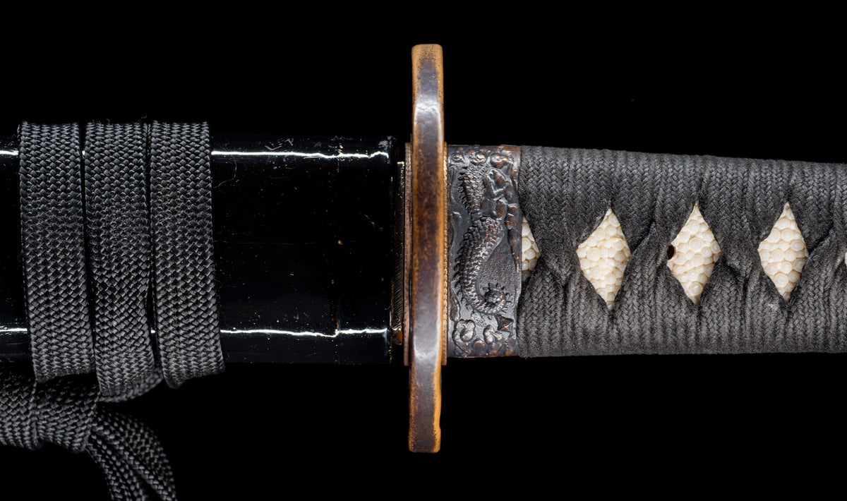 Antique Japanese Katana Sword with Ubu Nakago, Hoso-Suguha Hamon and Genji Wheel Iron Tsuba