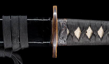 Antique Japanese Katana Sword with Ubu Nakago, Hoso-Suguha Hamon and Genji Wheel Iron Tsuba