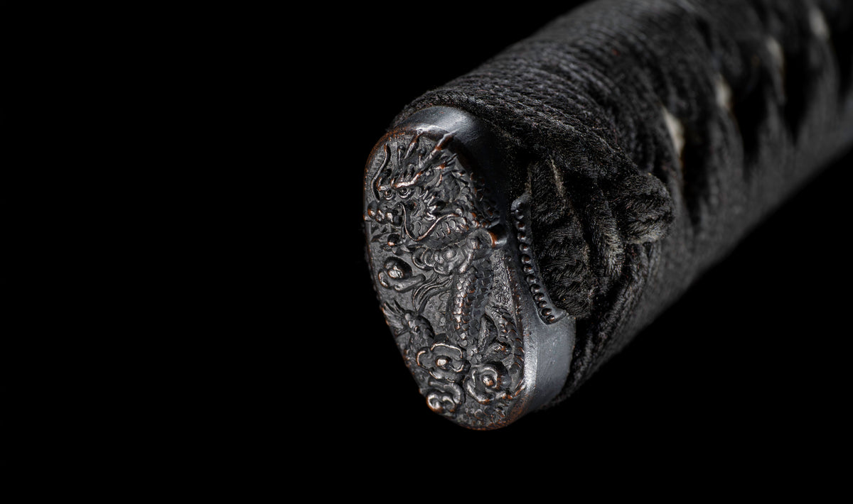 Antique Japanese Katana Sword with Ubu Nakago, Hoso-Suguha Hamon and Genji Wheel Iron Tsuba