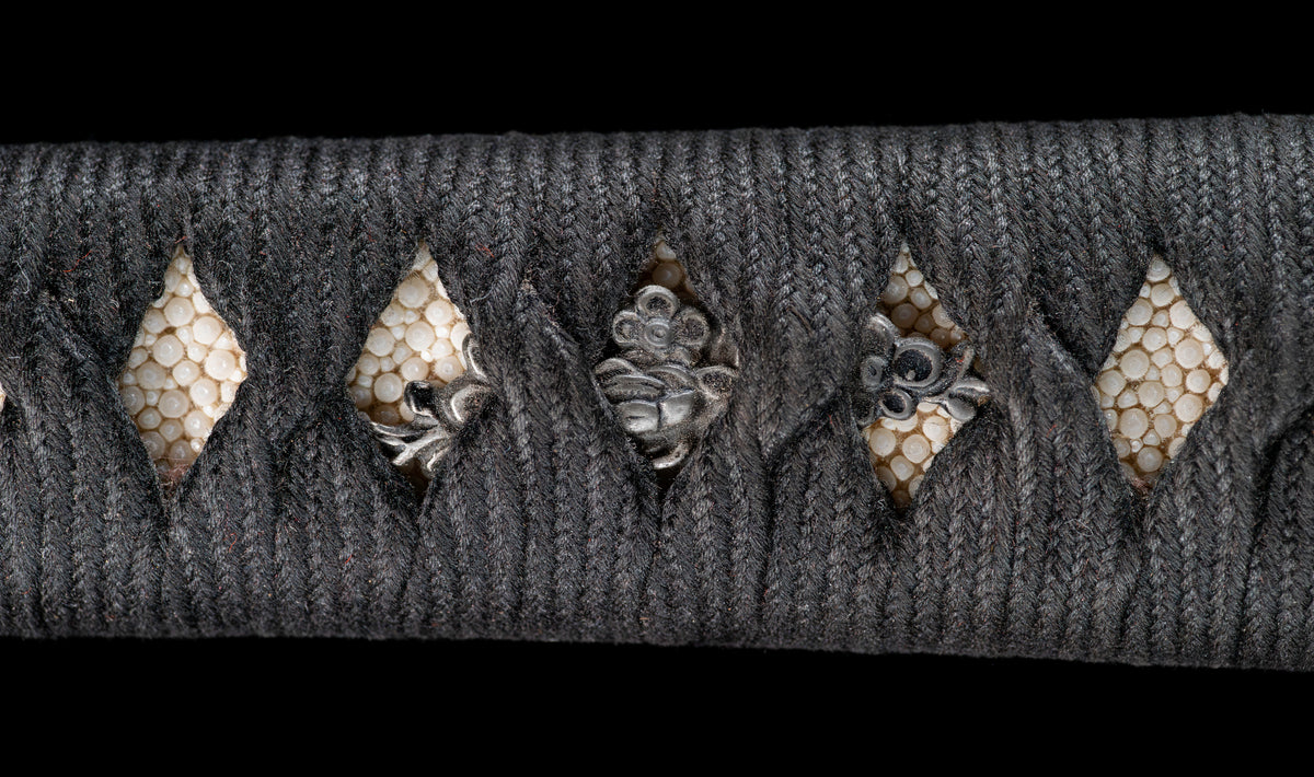 Antique Japanese Katana Sword with Ubu Nakago, Hoso-Suguha Hamon and Genji Wheel Iron Tsuba