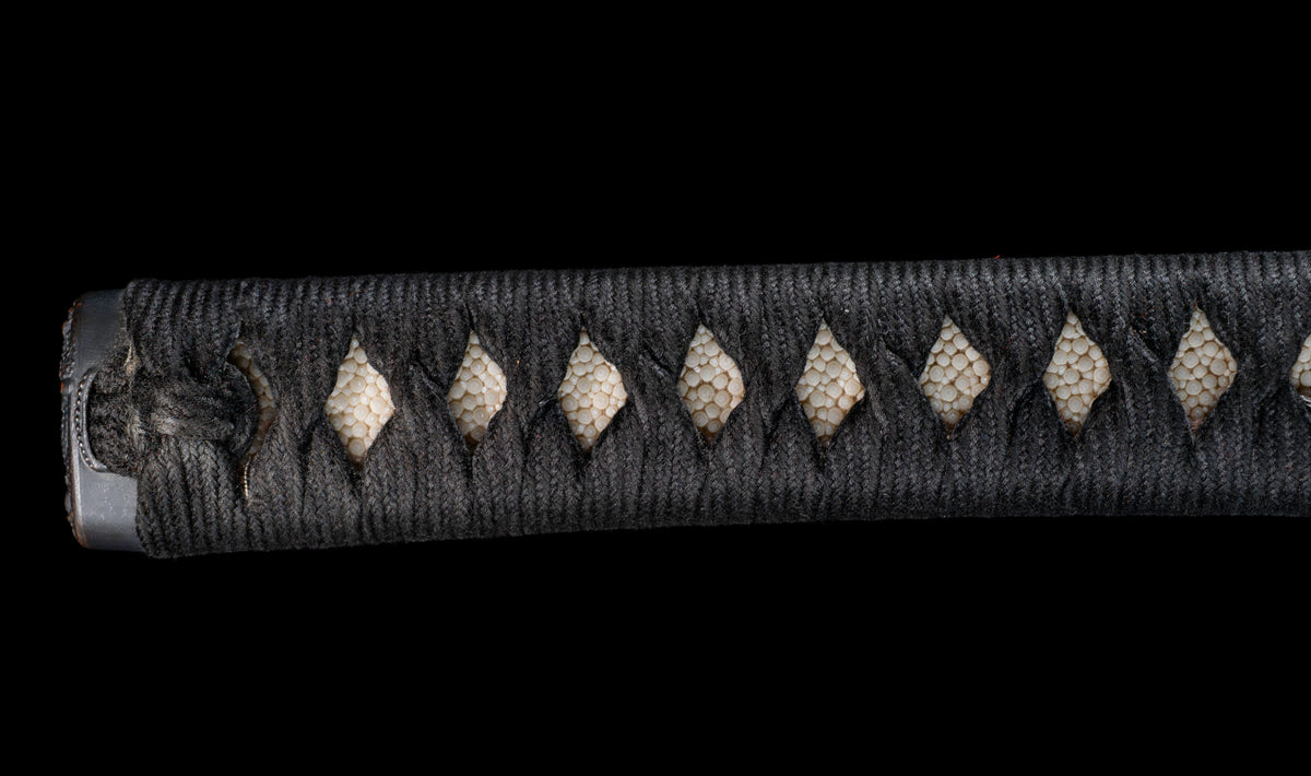 Antique Japanese Katana Sword with Ubu Nakago, Hoso-Suguha Hamon and Genji Wheel Iron Tsuba