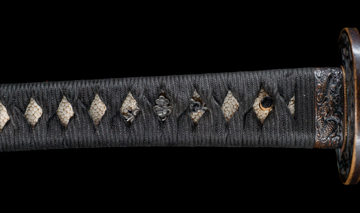 Antique Japanese Katana Sword with Ubu Nakago, Hoso-Suguha Hamon and Genji Wheel Iron Tsuba