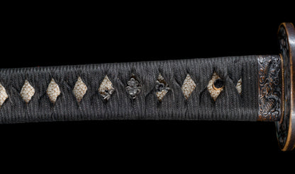 Antique Japanese Katana Sword with Ubu Nakago, Hoso-Suguha Hamon and Genji Wheel Iron Tsuba