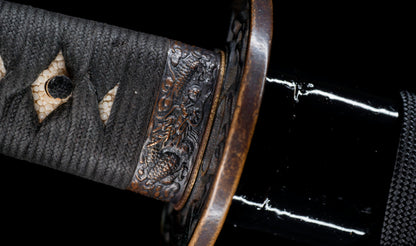 Antique Japanese Katana Sword with Ubu Nakago, Hoso-Suguha Hamon and Genji Wheel Iron Tsuba