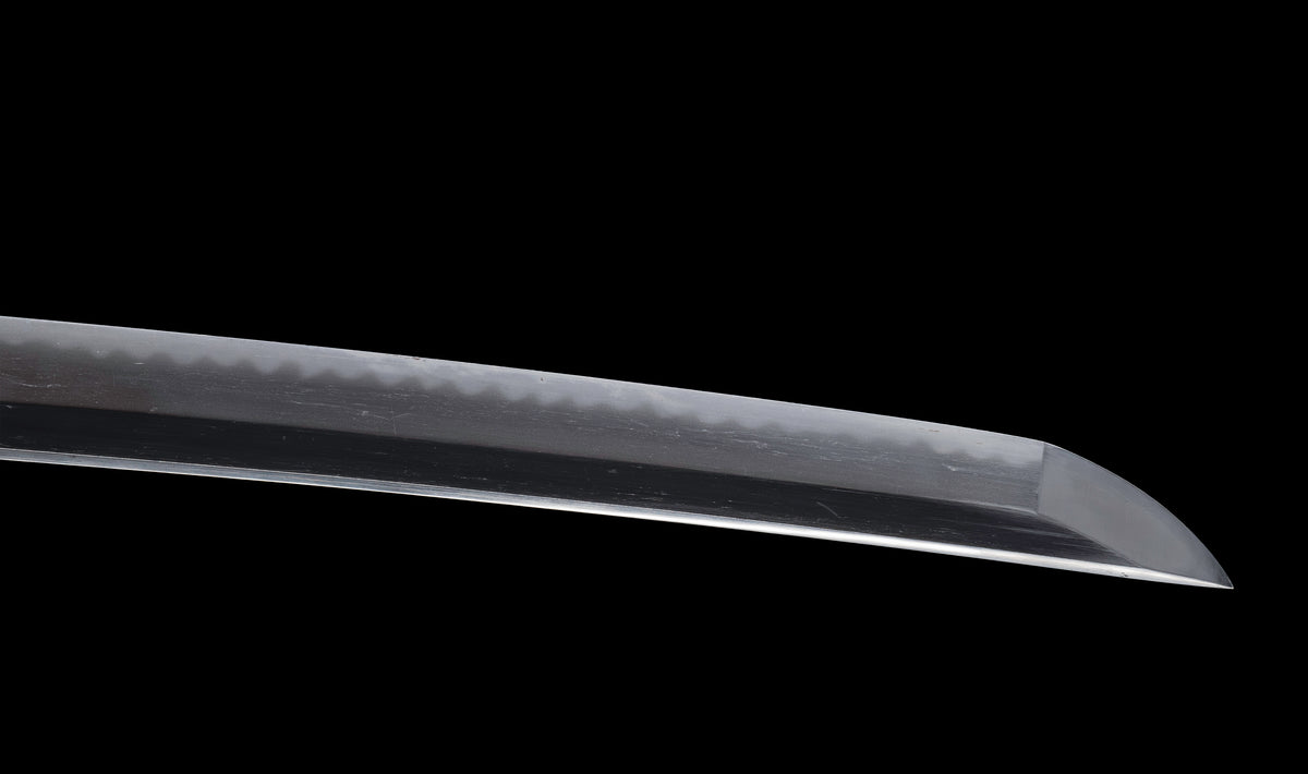 Antique Japanese Katana Sword with Ubu Nakago, Hoso-Suguha Hamon and Genji Wheel Iron Tsuba