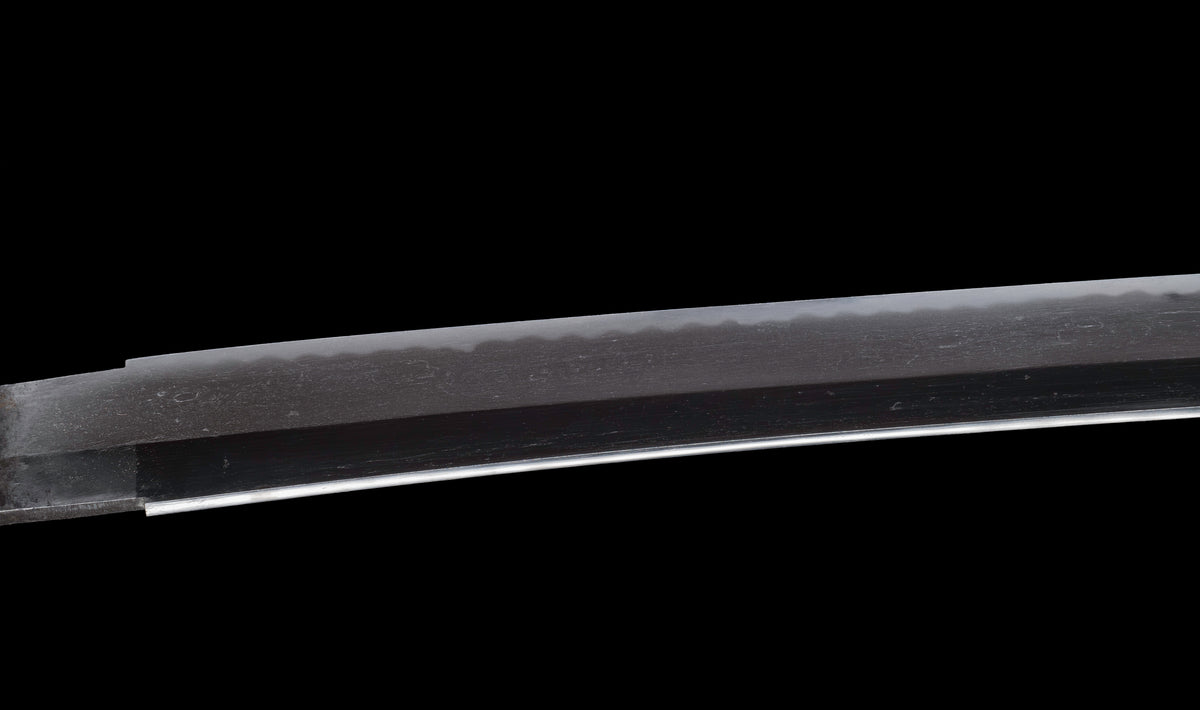 Antique Japanese Katana Sword with Ubu Nakago, Hoso-Suguha Hamon and Genji Wheel Iron Tsuba