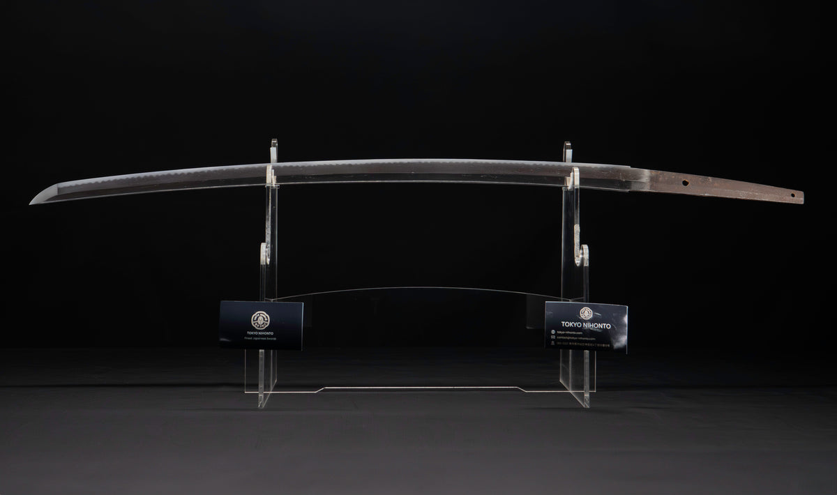 Antique Japanese Katana Sword with Ubu Nakago, Hoso-Suguha Hamon and Genji Wheel Iron Tsuba