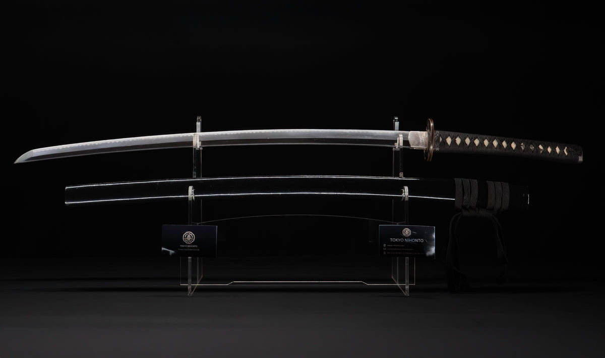 Antique Japanese Katana Sword with Ubu Nakago, Hoso-Suguha Hamon and Genji Wheel Iron Tsuba