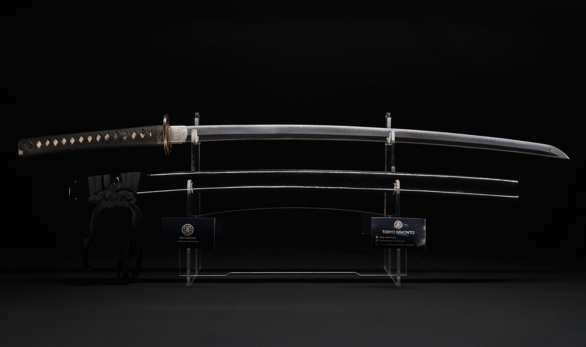 Antique Japanese Katana Sword with Ubu Nakago, Hoso-Suguha Hamon and Genji Wheel Iron Tsuba