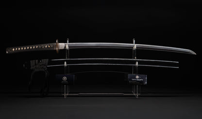 Antique Japanese Katana Sword with Ubu Nakago, Hoso-Suguha Hamon and Genji Wheel Iron Tsuba