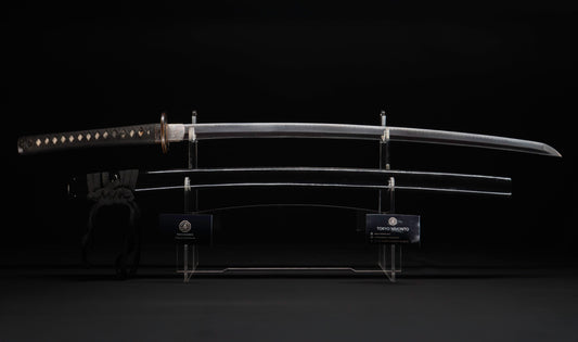 Antique Japanese Katana Sword with Ubu Nakago, Hoso-Suguha Hamon and Genji Wheel Iron Tsuba