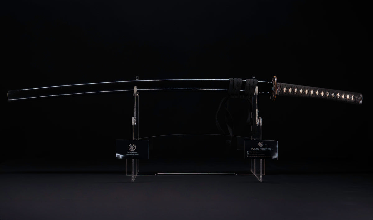 Antique Japanese Katana Sword with Ubu Nakago, Hoso-Suguha Hamon and Genji Wheel Iron Tsuba