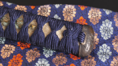 Antique Japanese Katana Sword with Vermilion Lacquer Saya, Sparrow Fuchi-Kashira and Gilt Menuki