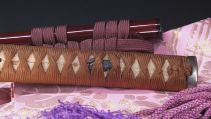Antique Japanese Katana Sword with Red Saya and Gold Fukurin Momiji Tsuba