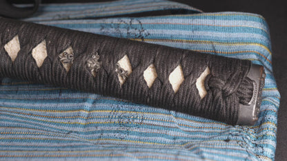 Antique Japanese Katana Sword with Ubu Nakago, Hoso-Suguha Hamon and Genji Wheel Iron Tsuba