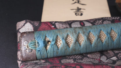 Antique Japanese Katana Sword attributed to Sagami no Kami Yasuyuki with Suguha Hamon, Wave Fuchi-Kashira and Blue-Ground Iron Tsuba — Edo Shintō
